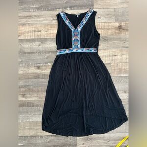 Neiman Marcus Black Midi Dress with Blue Embroidery